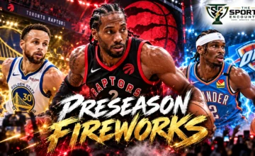 Kawhi Leonard in a Toronto Raptors uniform, alongside players representing the Warriors and Thunder, illustrating the five NBA preseason games played October 13, 2026.