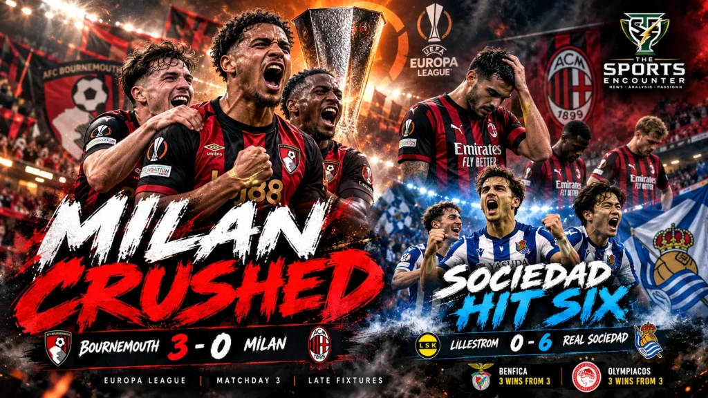 Cinematic Europa League Matchday 3 graphic showing Bournemouth celebrating their 3-0 victory over AC Milan, Real Sociedad's six-goal win over Lillestrøm and other major results from October 22, 2026.
