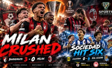 Cinematic Europa League Matchday 3 graphic showing Bournemouth celebrating their 3-0 victory over AC Milan, Real Sociedad's six-goal win over Lillestrøm and other major results from October 22, 2026.