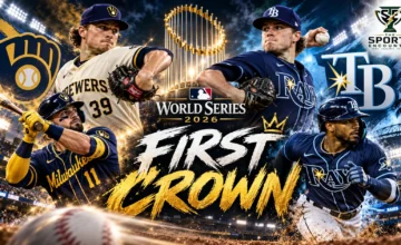 Cinematic illustration of the Milwaukee Brewers and Tampa Bay Rays preparing for the 2026 World Series at American Family Field, with the Commissioner's Trophy, dramatic stadium lighting and The Sports Encounter's official logo.