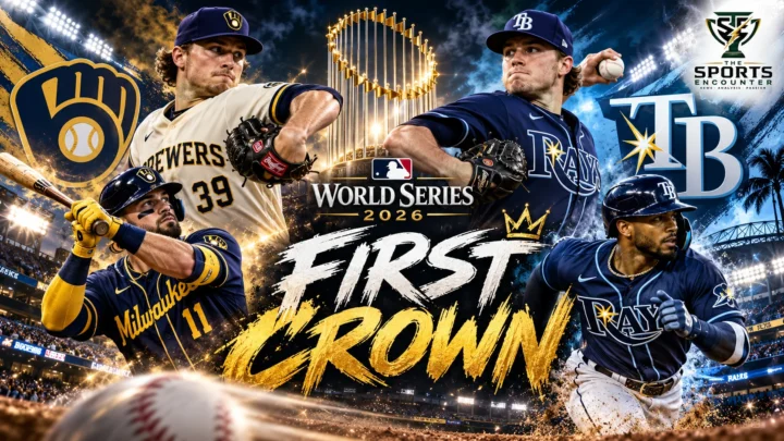 Cinematic illustration of the Milwaukee Brewers and Tampa Bay Rays preparing for the 2026 World Series at American Family Field, with the Commissioner's Trophy, dramatic stadium lighting and The Sports Encounter's official logo.