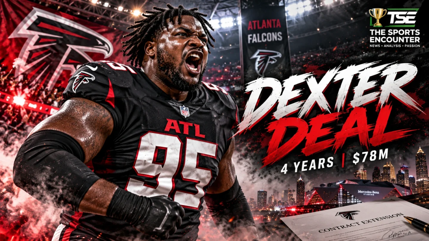 Gervon Dexter Sr. in an Atlanta Falcons uniform celebrates during an NFL game as the Falcons commit to the defensive tackle with a four-year, $78 million extension.