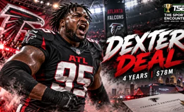 Gervon Dexter Sr. in an Atlanta Falcons uniform celebrates during an NFL game as the Falcons commit to the defensive tackle with a four-year, $78 million extension.