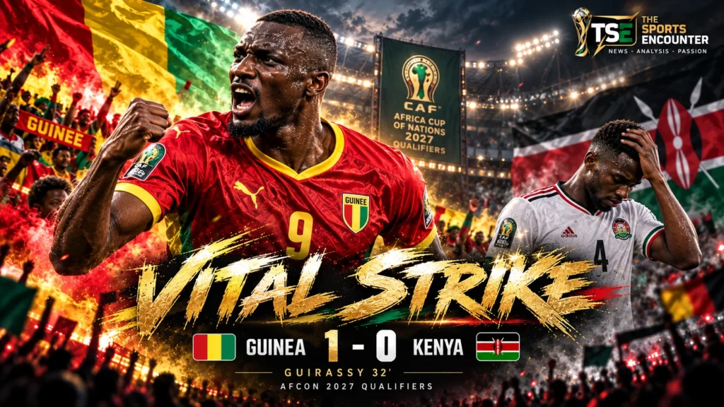Serhou Guirassy celebrates Guinea’s winning goal against Kenya in their AFCON 2027 qualifier in Conakry