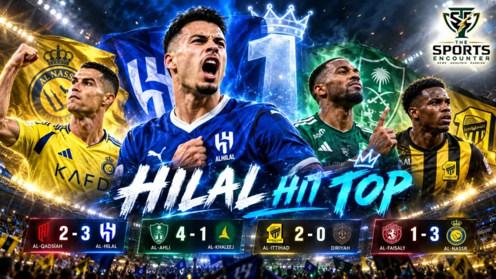 Cinematic Saudi Pro League Matchweek 11 graphic featuring Al-Hilal's Gabriel Martinelli, Al-Nassr's Cristiano Ronaldo and players representing Al-Ahli and Al-Ittihad following their October 23, 2026 victories.