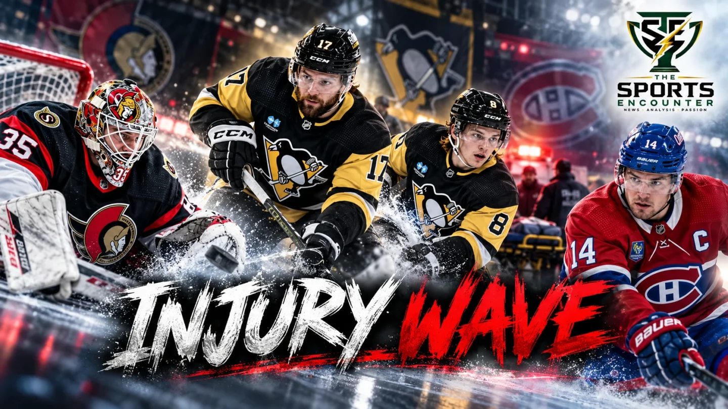 Cinematic NHL injury-news illustration featuring Ottawa Senators goaltender Linus Ullmark, Pittsburgh Penguins players Bryan Rust and Ben Kindel, and Montreal Canadiens captain Nick Suzuki in contrasting hockey scenes, with The Sports Encounter's official logo in the top-right corner.