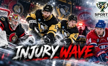 Cinematic NHL injury-news illustration featuring Ottawa Senators goaltender Linus Ullmark, Pittsburgh Penguins players Bryan Rust and Ben Kindel, and Montreal Canadiens captain Nick Suzuki in contrasting hockey scenes, with The Sports Encounter's official logo in the top-right corner.