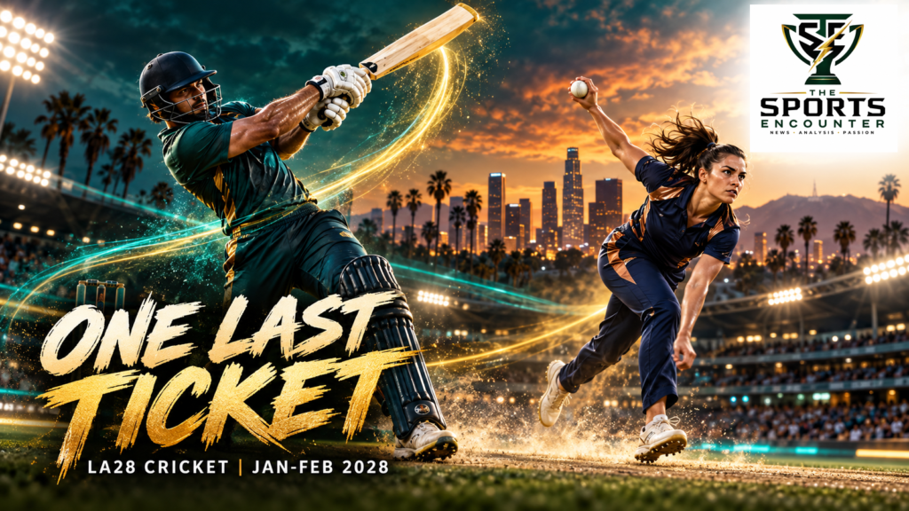 - Editorial illustration of a cricket batter and bowler in action with the Los Angeles skyline and January-February 2028 qualifier dates.