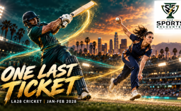 - Editorial illustration of a cricket batter and bowler in action with the Los Angeles skyline and January-February 2028 qualifier dates.