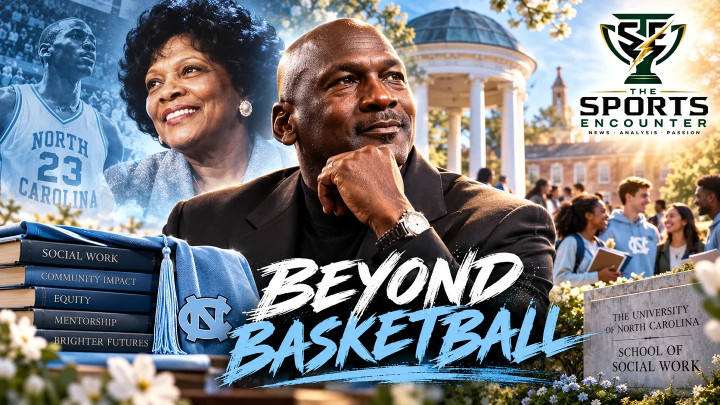 Michael Jordan and his mother Deloris Jordan feature in a UNC-themed graphic marking his historic $10 million gift to the School of Social Work.