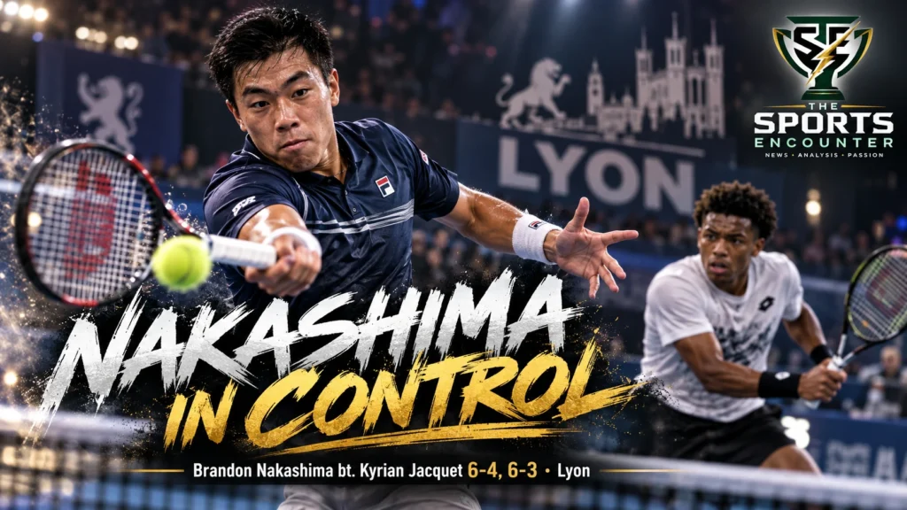 Cinematic illustration of Brandon Nakashima hitting an attacking tennis shot against Kyrian Jacquet during the 2026 Lyon Open, with Nakashima advancing 6-4, 6-3 and The Sports Encounter's official logo in the top-right corner.