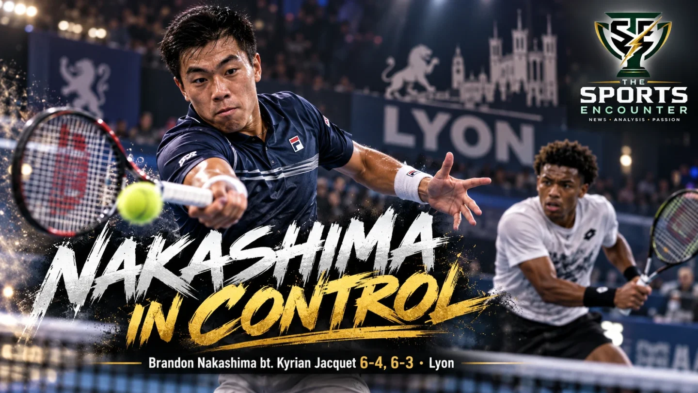 Cinematic illustration of Brandon Nakashima hitting an attacking tennis shot against Kyrian Jacquet during the 2026 Lyon Open, with Nakashima advancing 6-4, 6-3 and The Sports Encounter's official logo in the top-right corner.