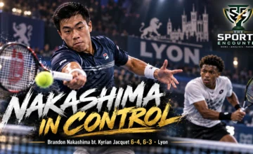 Cinematic illustration of Brandon Nakashima hitting an attacking tennis shot against Kyrian Jacquet during the 2026 Lyon Open, with Nakashima advancing 6-4, 6-3 and The Sports Encounter's official logo in the top-right corner.