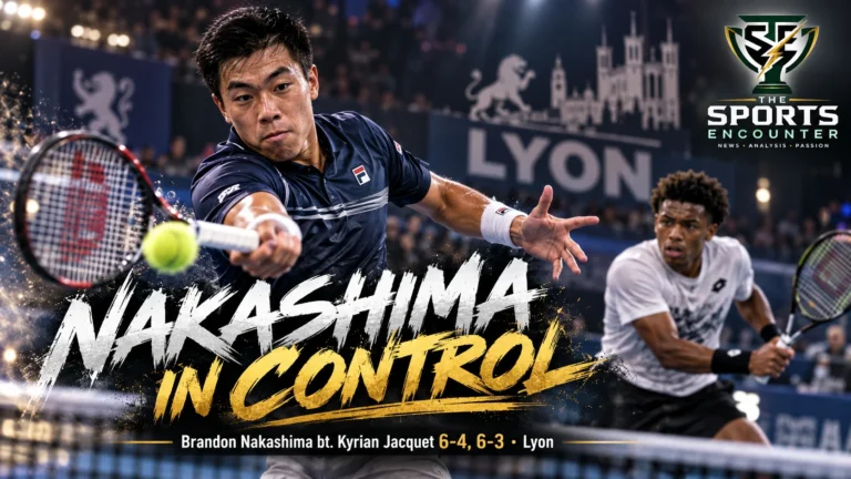 Cinematic illustration of Brandon Nakashima hitting an attacking tennis shot against Kyrian Jacquet during the 2026 Lyon Open, with Nakashima advancing 6-4, 6-3 and The Sports Encounter's official logo in the top-right corner.
