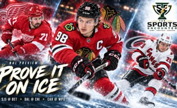 Connor Bedard, Dylan Larkin and Sebastian Aho in a cinematic NHL preview graphic for Chicago, Detroit and Carolina’s October 17 games