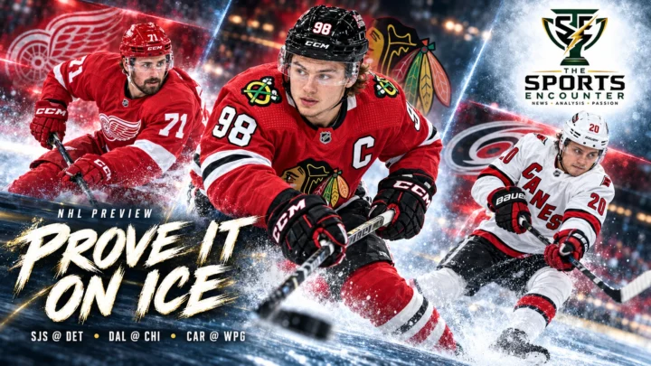 Connor Bedard, Dylan Larkin and Sebastian Aho in a cinematic NHL preview graphic for Chicago, Detroit and Carolina’s October 17 games