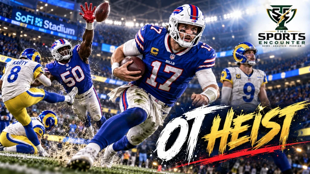 Buffalo Bills quarterback Josh Allen running with the football against the Los Angeles Rams, with Matthew Stafford and Greg Rousseau featured in an October 12, 2026 NFL game graphic.