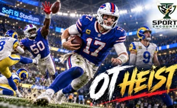 Buffalo Bills quarterback Josh Allen running with the football against the Los Angeles Rams, with Matthew Stafford and Greg Rousseau featured in an October 12, 2026 NFL game graphic.