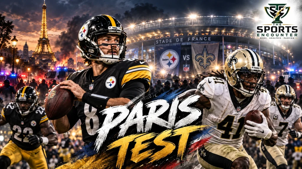 Cinematic illustration of Pittsburgh Steelers and New Orleans Saints players preparing for the NFL's first Paris regular-season game at Stade de France, with a backdrop reflecting fan-event cancellation and security concerns, featuring The Sports Encounter's official logo.