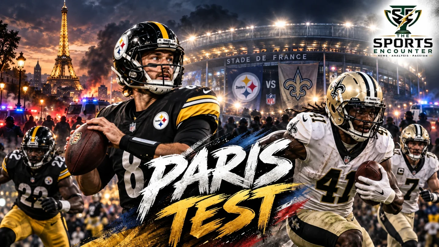 Cinematic illustration of Pittsburgh Steelers and New Orleans Saints players preparing for the NFL's first Paris regular-season game at Stade de France, with a backdrop reflecting fan-event cancellation and security concerns, featuring The Sports Encounter's official logo.