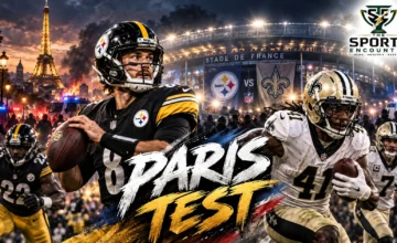 Cinematic illustration of Pittsburgh Steelers and New Orleans Saints players preparing for the NFL's first Paris regular-season game at Stade de France, with a backdrop reflecting fan-event cancellation and security concerns, featuring The Sports Encounter's official logo.