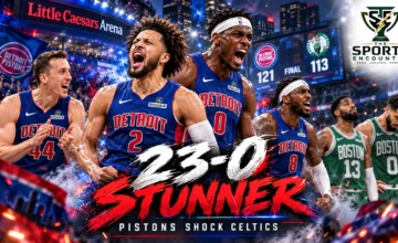 Detroit Pistons guards Duncan Robinson and Javonte Green shooting three-pointers at Little Caesars Arena while Boston Celtics forward Paul George looks on, illustrating Detroit’s 121-113 comeback win in the October 20, 2026 NBA season opener.