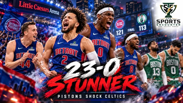 Detroit Pistons guards Duncan Robinson and Javonte Green shooting three-pointers at Little Caesars Arena while Boston Celtics forward Paul George looks on, illustrating Detroit’s 121-113 comeback win in the October 20, 2026 NBA season opener.