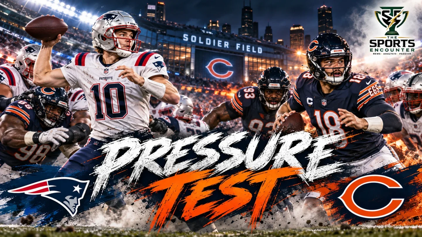 Cinematic football illustration featuring New England Patriots quarterback Drake Maye preparing to pass under pressure and Chicago Bears quarterback Caleb Williams launching a throw at Soldier Field, with The Sports Encounter's official logo in the top-right corner.