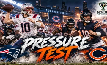 Cinematic football illustration featuring New England Patriots quarterback Drake Maye preparing to pass under pressure and Chicago Bears quarterback Caleb Williams launching a throw at Soldier Field, with The Sports Encounter's official logo in the top-right corner.