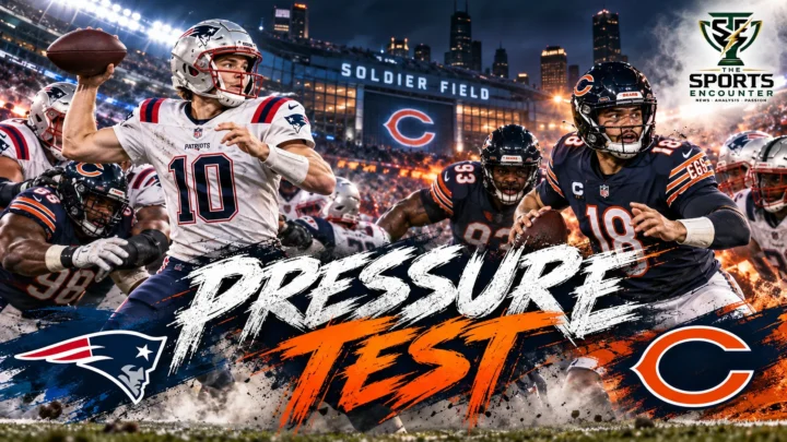 Cinematic football illustration featuring New England Patriots quarterback Drake Maye preparing to pass under pressure and Chicago Bears quarterback Caleb Williams launching a throw at Soldier Field, with The Sports Encounter's official logo in the top-right corner.