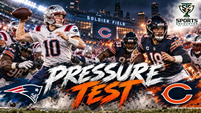 Cinematic football illustration featuring New England Patriots quarterback Drake Maye preparing to pass under pressure and Chicago Bears quarterback Caleb Williams launching a throw at Soldier Field, with The Sports Encounter's official logo in the top-right corner.