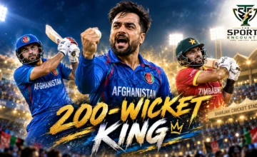 Afghanistan leg-spinner Rashid Khan celebrates his 200th men's T20I wicket against Zimbabwe at Sharjah Cricket Stadium on October 29, 2026.