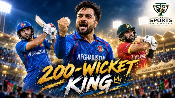 Afghanistan leg-spinner Rashid Khan celebrates his 200th men's T20I wicket against Zimbabwe at Sharjah Cricket Stadium on October 29, 2026.