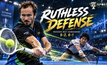 Daniil Medvedev in an attacking tennis action against Sho Shimabukuro at the 2026 Almaty Open, where the defending champion won 6-2, 6-1 to reach the quarterfinals.