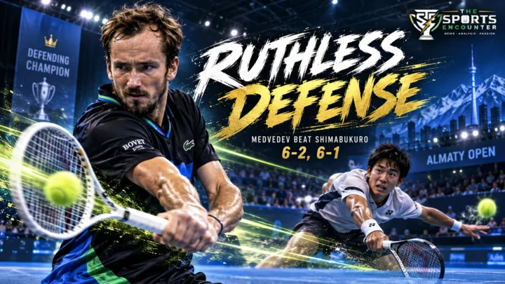 Daniil Medvedev in an attacking tennis action against Sho Shimabukuro at the 2026 Almaty Open, where the defending champion won 6-2, 6-1 to reach the quarterfinals.