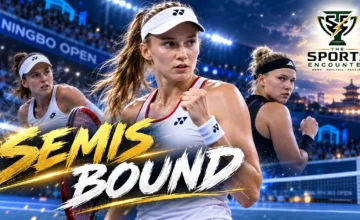 Proposed cinematic illustration of Elena Rybakina competing against Katarzyna Kawa at the 2026 Ningbo Open, with Diana Shnaider featured as her upcoming semifinal opponent and The Sports Encounter's official logo.