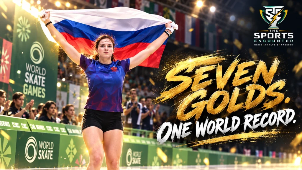 Female Russian inline skater raises her national flag at the 2026 World Skate Games in Asunción, Paraguay, in a cinematic graphic celebrating Russia’s seven gold medals and Veronika Zherelnikova’s 1.42-meter junior world record.
