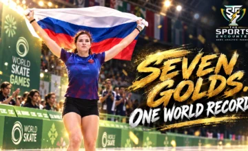 Female Russian inline skater raises her national flag at the 2026 World Skate Games in Asunción, Paraguay, in a cinematic graphic celebrating Russia’s seven gold medals and Veronika Zherelnikova’s 1.42-meter junior world record.