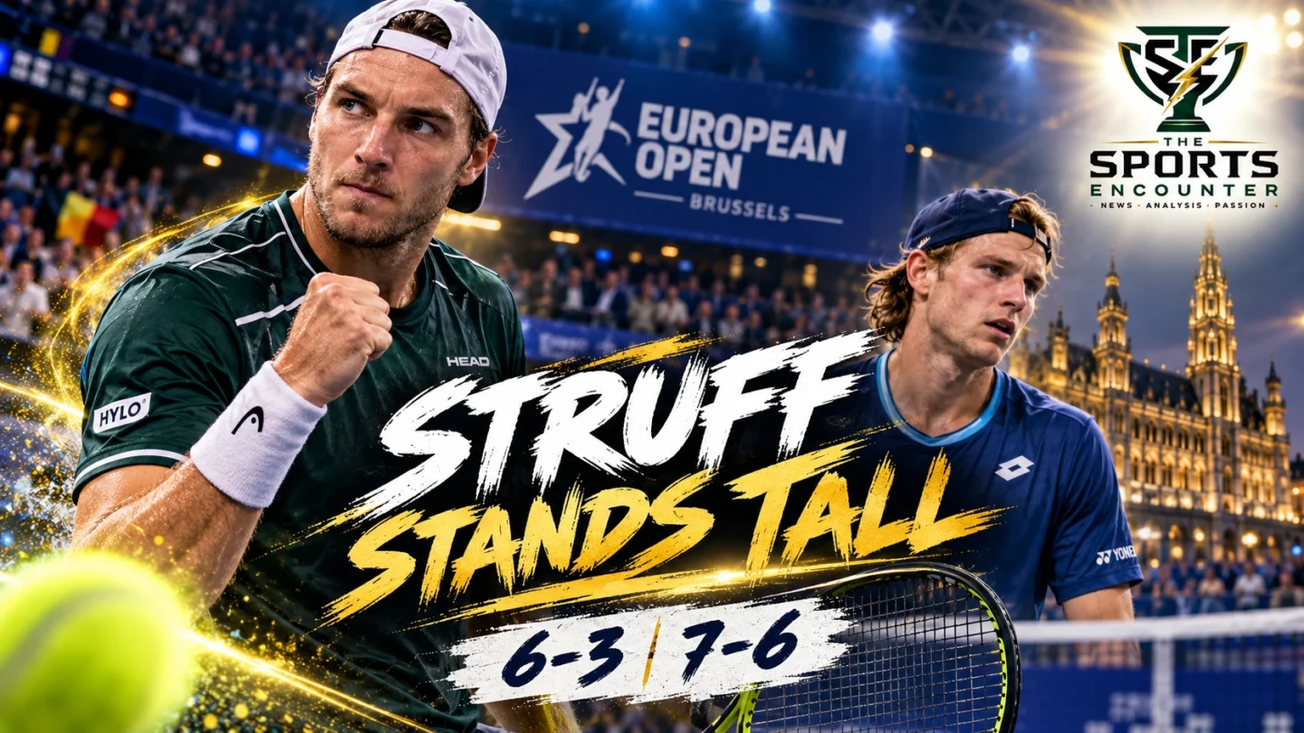 Cinematic tennis illustration of Jan-Lennard Struff celebrating his quarterfinal victory over Zizou Bergs at the 2026 Brussels European Open, featuring the official The Sports Encounter logo.