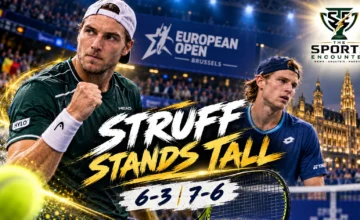 Cinematic tennis illustration of Jan-Lennard Struff celebrating his quarterfinal victory over Zizou Bergs at the 2026 Brussels European Open, featuring the official The Sports Encounter logo.