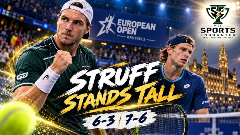 Cinematic tennis illustration of Jan-Lennard Struff celebrating his quarterfinal victory over Zizou Bergs at the 2026 Brussels European Open, featuring the official The Sports Encounter logo.