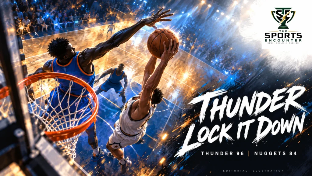 Cinematic editorial illustration of anonymous basketball players representing Oklahoma City’s defensive 96-84 win over Denver