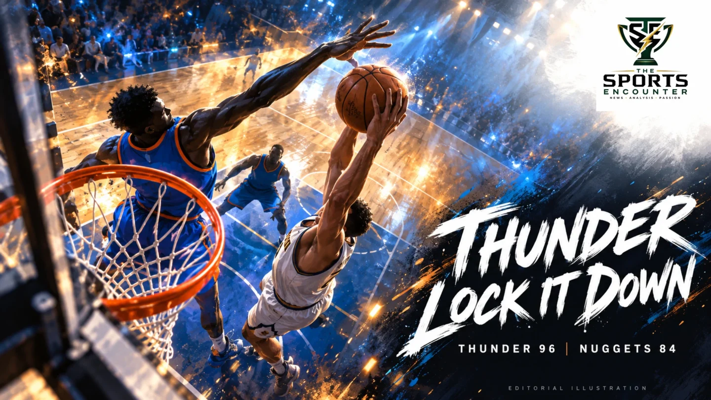 Cinematic editorial illustration of anonymous basketball players representing Oklahoma City’s defensive 96-84 win over Denver