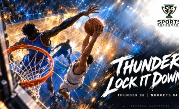 Cinematic editorial illustration of anonymous basketball players representing Oklahoma City’s defensive 96-84 win over Denver