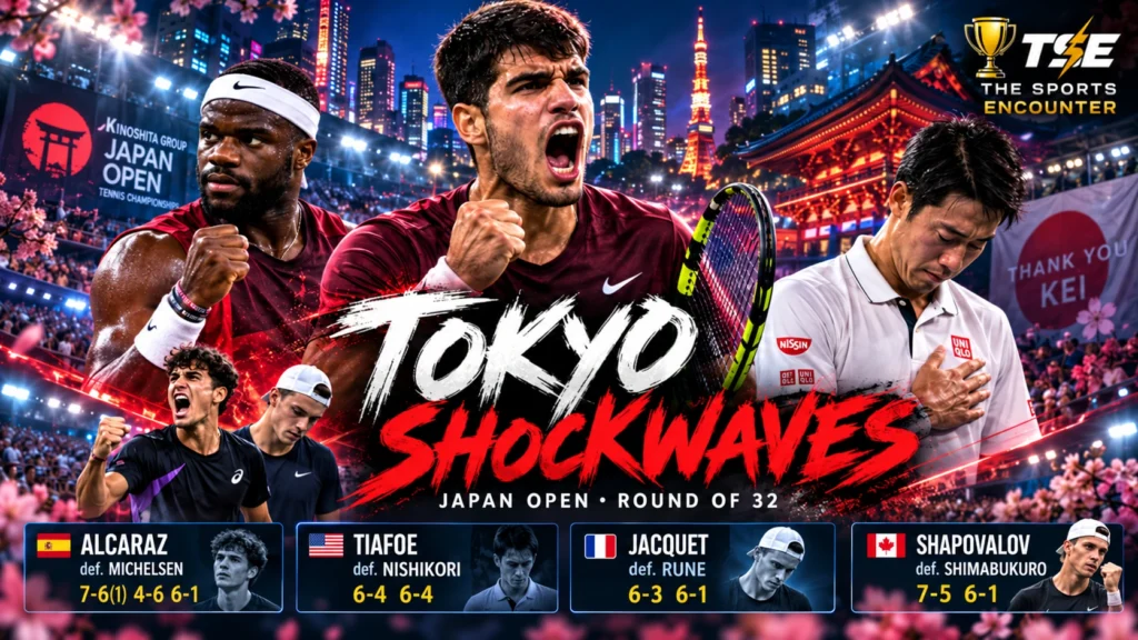 Carlos Alcaraz, Frances Tiafoe, Kei Nishikori and Kyrian Jacquet during the Tokyo Open 2026 men’s Round of 32
