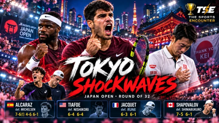 Carlos Alcaraz, Frances Tiafoe, Kei Nishikori and Kyrian Jacquet during the Tokyo Open 2026 men’s Round of 32