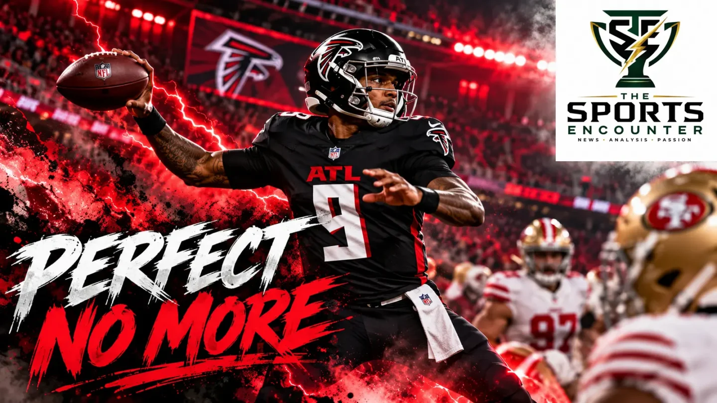 AI editorial illustration of Michael Penix Jr. in a black number 9 uniform preparing to throw, with the official TSE logo.