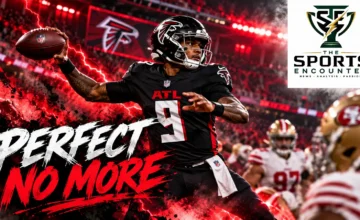 AI editorial illustration of Michael Penix Jr. in a black number 9 uniform preparing to throw, with the official TSE logo.