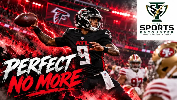 AI editorial illustration of Michael Penix Jr. in a black number 9 uniform preparing to throw, with the official TSE logo.