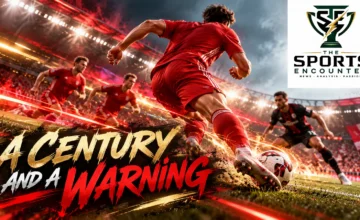 AI-generated editorial illustration of an anonymous player in red celebrating a soccer goal, created for Bundesliga coverage. The unchanged official TSE logo appears at top right.